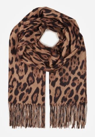 Brązowy Panterkowy Szalik z Wiskozy Zakończony Frędzlami Ferinda