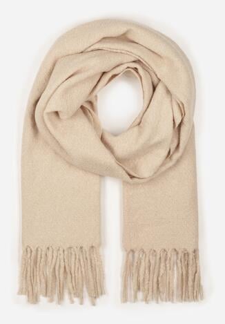 Beżowy Klasyczny Szalik Zdobiony Frędzlami Vetilana
