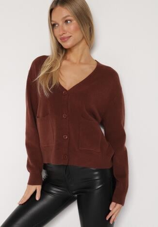 Brązowy Rozpinany Kardigan z Dodatkiem Kaszmiru Vetirira