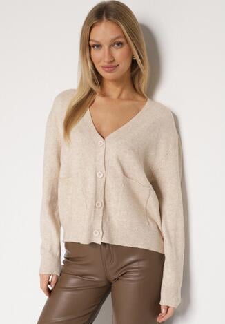 Beżowy Rozpinany Kardigan z Dodatkiem Kaszmiru Vetirira