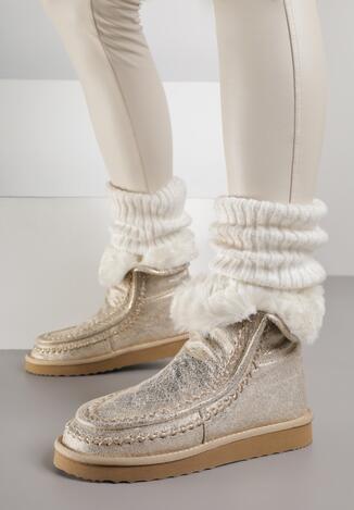 Złote Wsuwane Śniegowce z Futerkiem i Metalicznym Połyskiem Vetirena