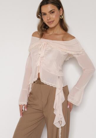 Jasnobeżowa Siateczkowa Bluzka z Bawełny i Wiskozy z Odkrytymi Ramionami Fenikka