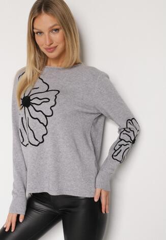 Szary Sweter Ozdobiony Haftowanymi Kwiatami Halatusea