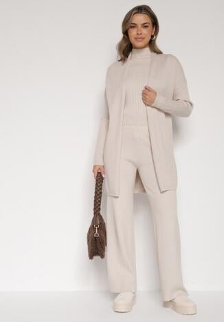 Beżowy Dzianinowy Komplet z Wiskozą Spodnie Bluzka z Półgolfem i Kardigan Vetisena