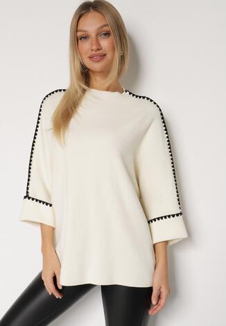 Jasnobeżowy Sweter z Kontrastową Lamówką Tuselle