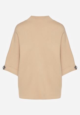 Beżowy Sweter Ozdobiony na Rękawach Cyrkoniami Aletusa