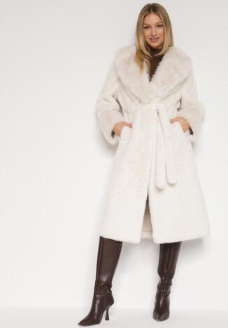 Biały Futerkowy Płaszcz z Szerokim Kołnierzem i Mankietami z Wiązanym Paskiem Viaruna