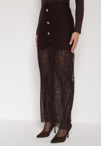 Brązowa Dzianinowa Spódnica z Wiskozą Zdobiona Koronką i Guzikami Sewora