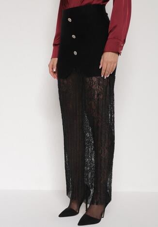 Czarna Dzianinowa Spódnica z Wiskozą Zdobiona Koronką i Guzikami Sewora