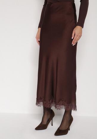 Brązowa Satynowa Spódnica z Koronkowym Zdobieniem Silfera