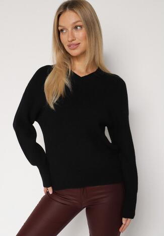 Czarny Sweter z Domieszką Kaszmiru z Dekoltem w Serek Feralaine