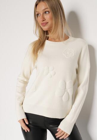 Beżowy Sweter z Wiskozą i Tłoczonymi Kwiatami Lanifera