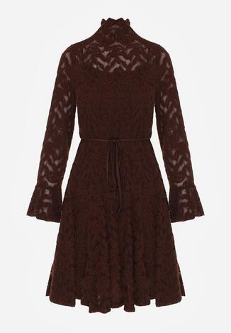 Brązowa Koronkowa Sukienka z Wiązaniem Półgolfem i Falbankami Alnefera