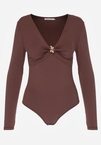 Brązowe Body Ozdobione Aplikacją i Marszczeniem przy Dekolcie Ferenice