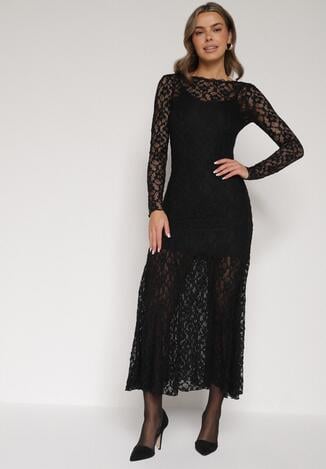 Czarna Koronkowa Sukienka Taliowana z Odkrytymi Plecami Talifera