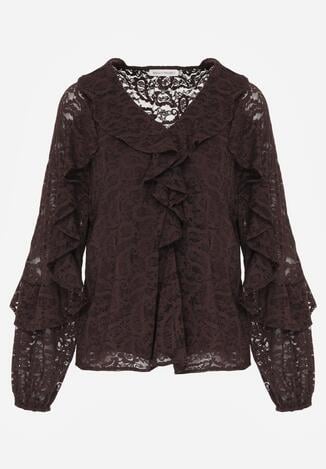 Brązowa Bluzka z Koronki Ozdobiona Falbankami Sewola
