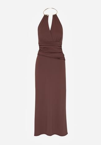 Brązowa Sukienka Koktajlowa z Dekoltem Halter i Odkrytymi Plecami Sewrina