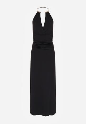 Czarna Sukienka Koktajlowa z Dekoltem Halter i Odkrytymi Plecami Sewrina