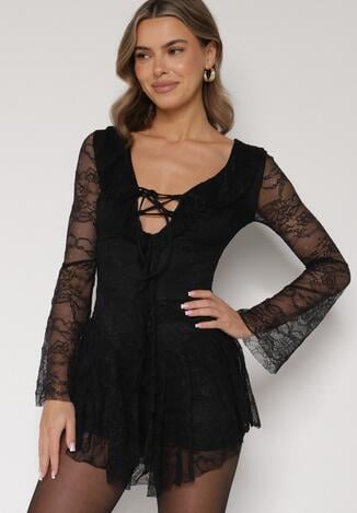 Czarna Koronkowa Sukienka Wieczorowa z Wiązaniem przy Dekolcie Ferolena