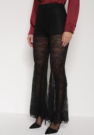 Czarne Koronkowe Spodnie Dzwony z Wysokim Stanem Solifera