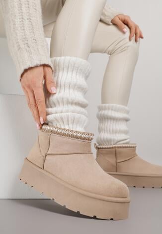 Ciemnobeżowe Śniegowce na Grubej Podeszwie Zdobione Haftem Sewnella