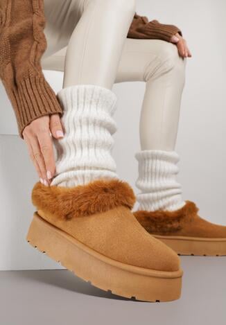 Brązowe Śniegowce na Grubej Podeszwie z Niską Cholewką i Futerkiem Sewone