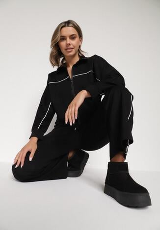 Czarny Retro Komplet Dresowy z Wiskozą Szerokie Spodnie i Bluza ze Stójką Sewelda