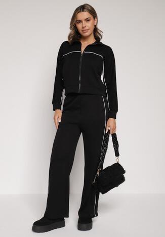 Czarny Retro Komplet Dresowy z Wiskozą Szerokie Spodnie i Bluza ze Stójką Sewelda