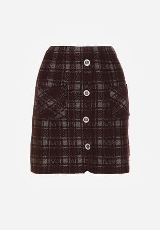 Brązowa Spódnica z Wiskozą Zdobiona Guzikami i Metaliczną Nicią Sewsela