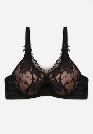 Czarno-Beżowy Biustonosz Koronkowy z Kokardkami  Themikaia