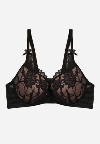 Czarno-Beżowy Koronkowy Biustonosz z Ozdobnymi Kokardkami na Ramiączkach Aeleolopei