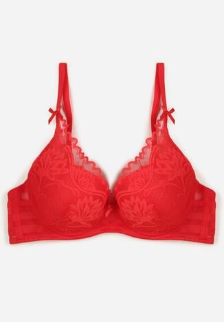 Czerwony Koronkowy Biustonosz z Ozdobnymi Kokardkami na Ramiączkach Aeleolopei