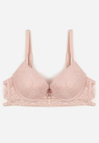 Różowy Klasyczny Biustonosz Zdobiony Koronką i Aplikacją Metheis