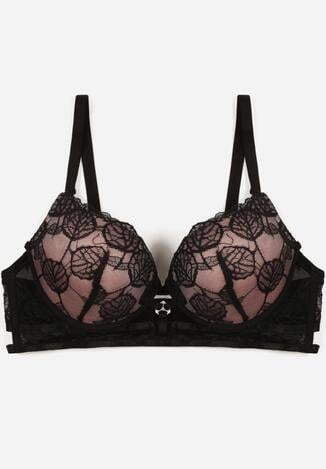 Czarno-Beżowy Klasyczny Biustonosz Zdobiony Koronką i Aplikacją Metheis