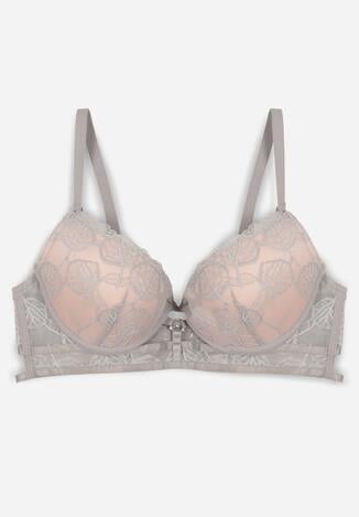 Szaro-Różowy Klasyczny Biustonosz Zdobiony Koronką i Aplikacją Metheis