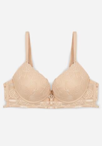 Beżowy Klasyczny Biustonosz Zdobiony Koronką i Aplikacją Metheis