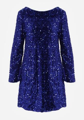 Niebieska Cekinowa Sukienka z Odkrytymi Plecami i Wiązaniem Diadina