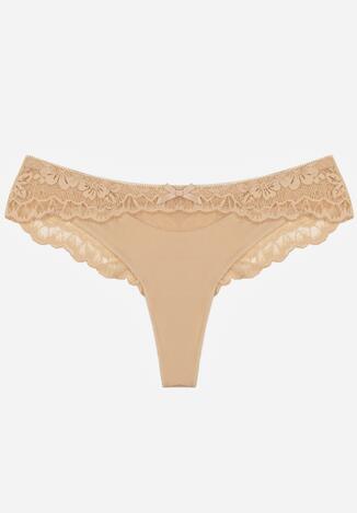 Beżowe Majtki Typu Stringi z Koronką Nedareanes