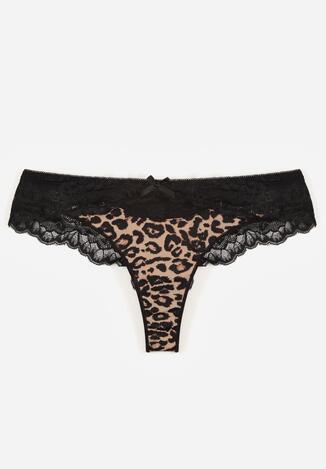 Czarno-Beżowe Majtki Typu Stringi z Koronką Nedareanes