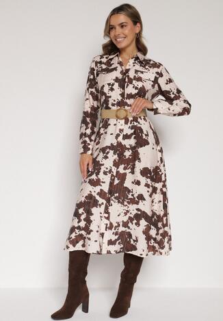 Brązowa Koszulowa Sukienka z Wiskozą w Krowie Łaty z Paskiem Domumbria