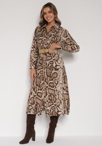 Brązowa Sukienka Koszulowa z Wiskozą Zdobiona Paskiem i Wzorem w Węża Delane