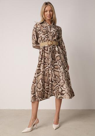 Brązowa Sukienka Koszulowa z Wiskozą Zdobiona Paskiem i Wzorem w Węża Delane