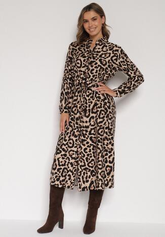 Panterkowa Koszulowa Sukienka z Wiskozą w Panterkę z Wiązanym Paskiem Assava