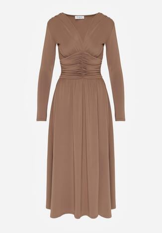 Brązowa Marszczona Sukienka Taliowana z Wiskozą z Dekoltem V i Długim Rękawem Emirie