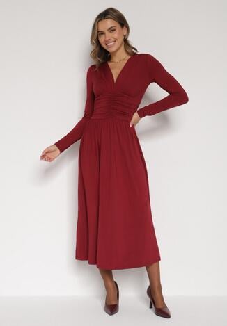 Bordowa Marszczona Sukienka Taliowana z Wiskozą z Dekoltem V i Długim Rękawem Emirie