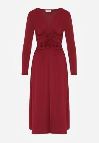 Bordowa Marszczona Sukienka Taliowana z Wiskozą z Dekoltem V i Długim Rękawem Emirie