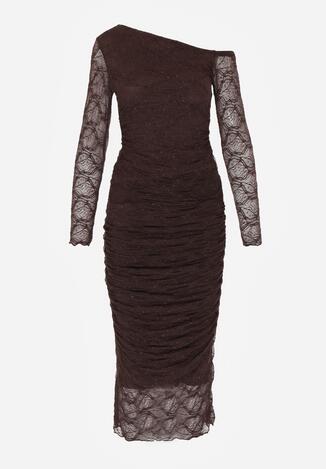 Brązowy Koronkowy Komplet Dopasowana Spódnica i Bluzka na Jedno Ramię Calonara