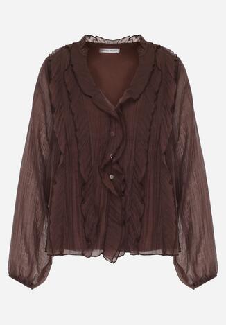 Brązowa Bluzka Koszulowa z Dekoltem w Serek Zdobiona Falbankami Nailiphis