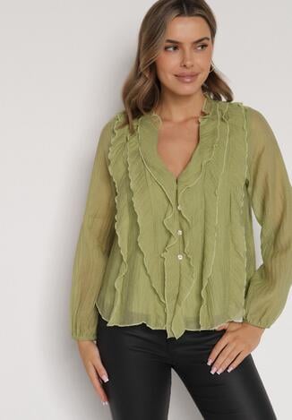 Ciemnobeżowa Bluzka Koszulowa z Dekoltem w Serek Zdobiona Falbankami Nailiphis