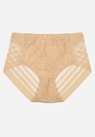 Beżowe Majtki Figi z Wysokim Stanem Zdobione Koronką i Siateczką Helieth